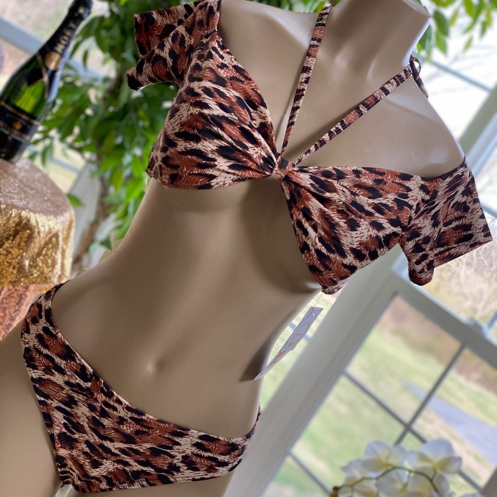Leopard print off the shoulder bathing suit.